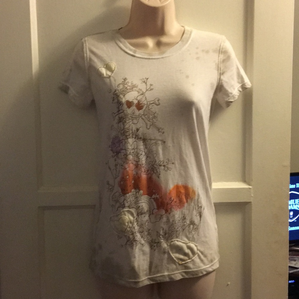 Scrapbook skull, hearts and flowers shirt, size M